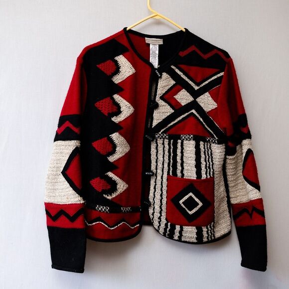 Coldwater Creek Red patchwork wool knit felt art to wear artsy jacket SML - Picture 1 of 7